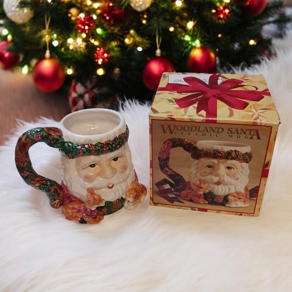 Vintage 1990s Woodland Santa Christmas Mug  Ceramic Coffee Hot Chocolate Cup Mug